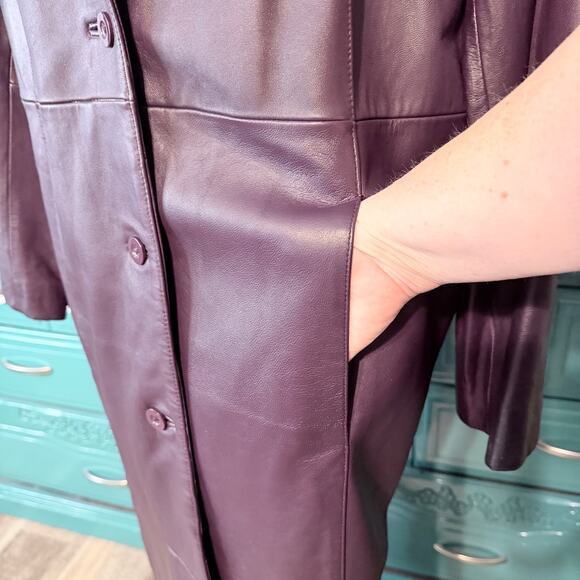 Centigrade Purple Leather Long Coat Jacket Large Thermolite Liner Button Front - Picture 8 of 12